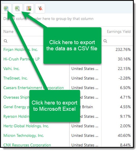 Screener export to Excel and CSV