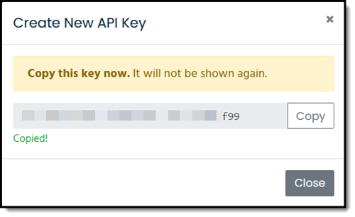 Quant Investing API key confirmation showing the key copied to clipboard