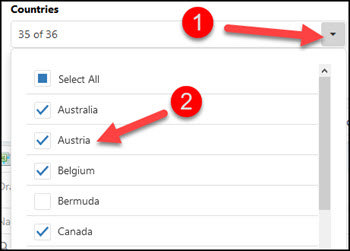 Check all the countries you would like to select