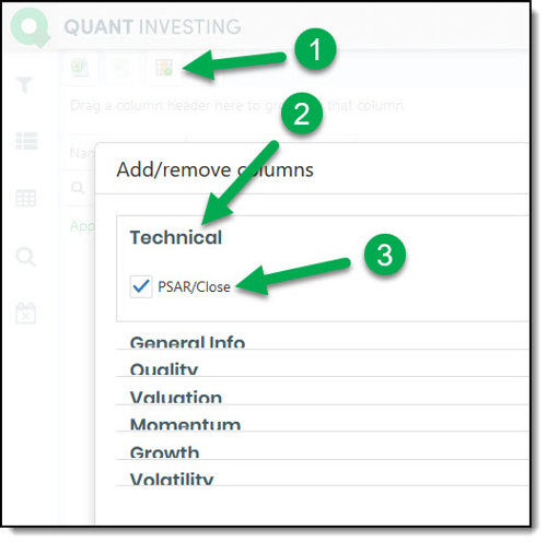 How to select Parabolic SAR as a screener output column