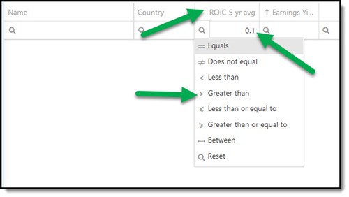How to select greater than in screener