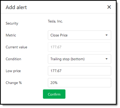 Tesla trailing stop alert for rebound