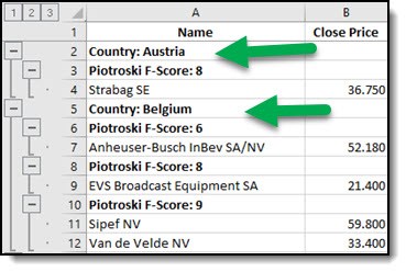 Group screener results in Excel