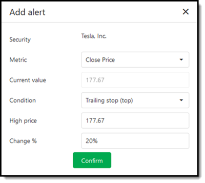 Tesla Trailing stop loss alert