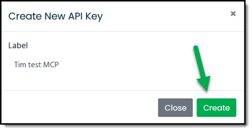 Quant Investing API key creation dialog after clicking Create, showing the generated key