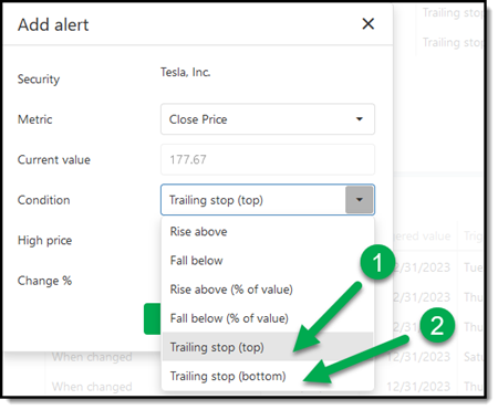 Trailing stop loss alert options