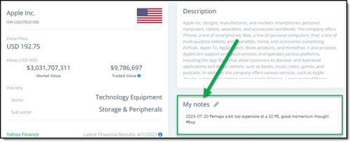 how to add a note to a company in the screener